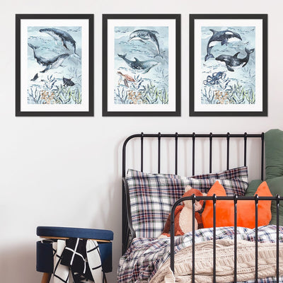Plakaty zwierzęta morskie w czarnej ramce do pokoju dziecięcego