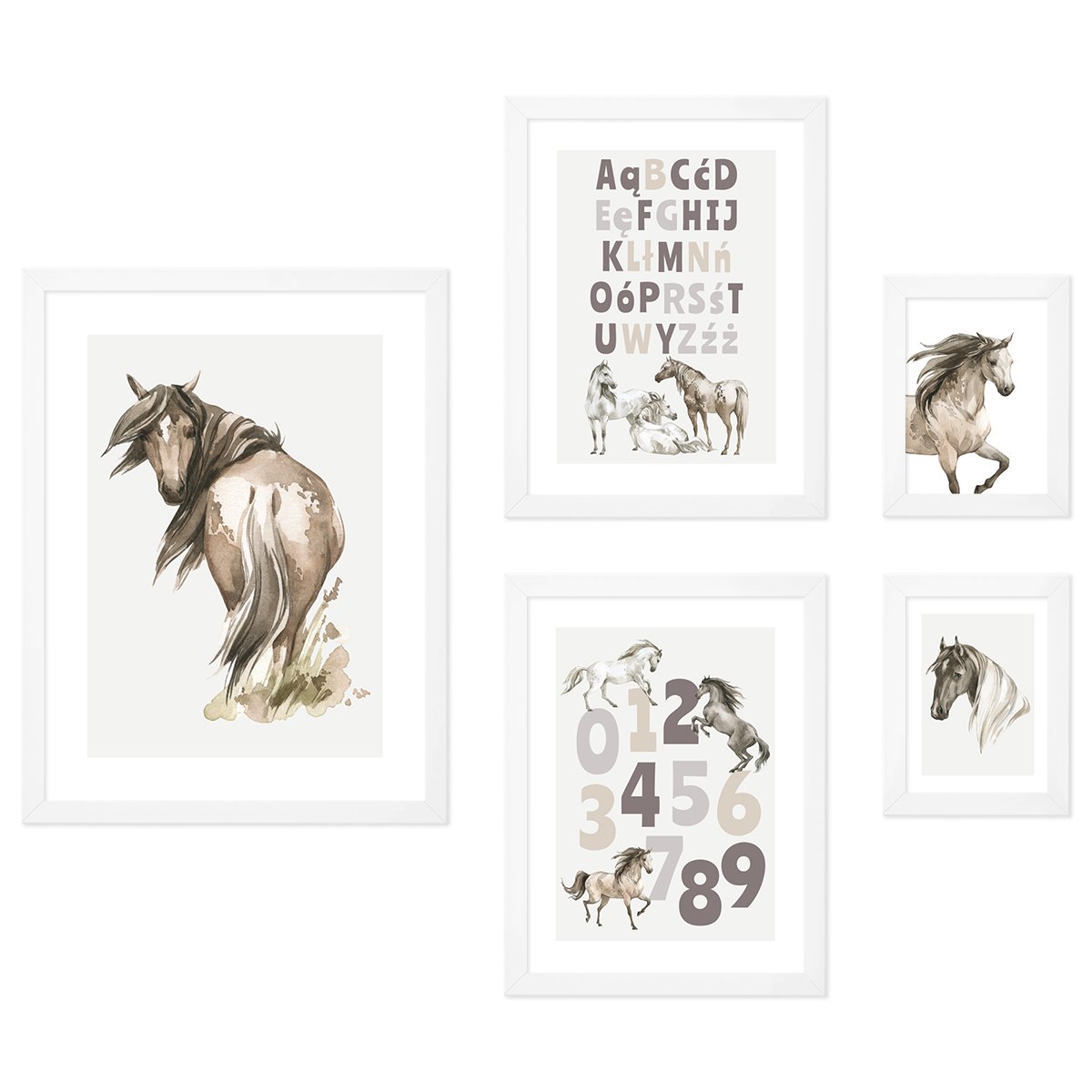 Galeria obrazów do pokoju dziecięcego - plakaty z końmi i alfabetem z białymi ramkami#ramka_biala