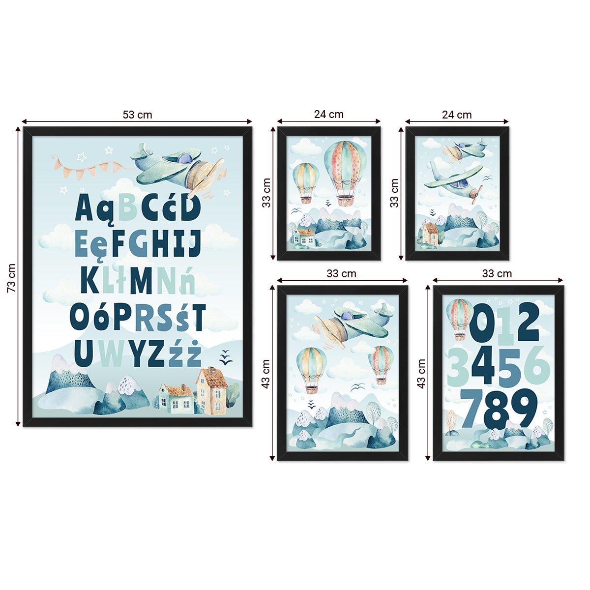 Galerio obrazów zawierająca plakaty edukacyjne z alfabetem i cyframi na tle gór i samolotów w czarnych ramkach dla chłopca#ramka_czarna