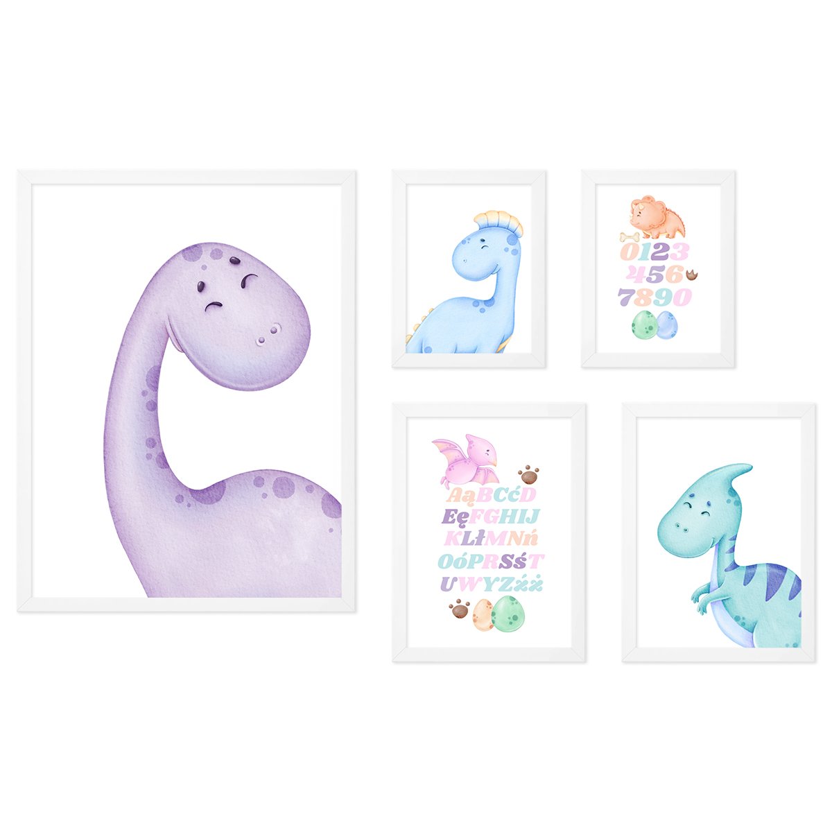 Galeria obrazów do pokoju maluszka - kolorowe plakaty z malowanymi dinozaurami i alfabetem z białymi ramkami#ramka_biala