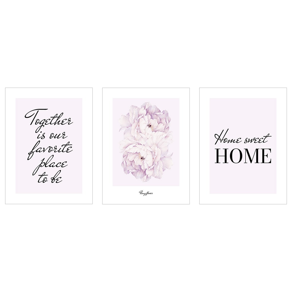Plakaty z kwiatami i napisami - HOME SWEET HOME - zestaw trzech plakatów#kolor_fioletowy