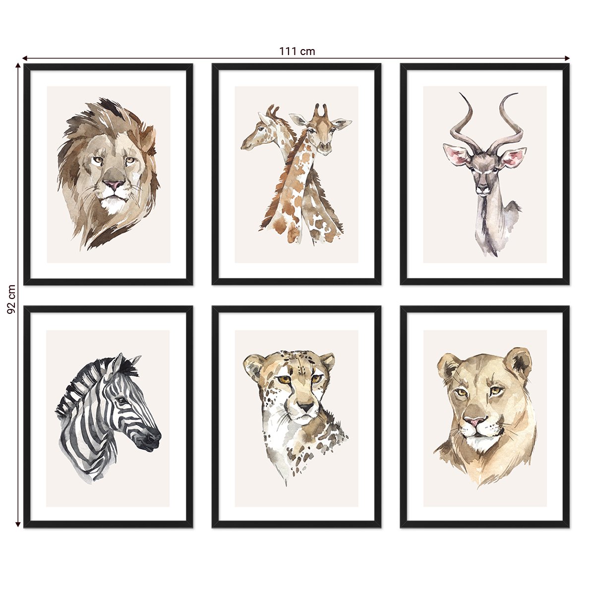 Galeria obrazów - plakaty ze zwierzętami Afryki lwem i żyrafami w czarnych ramkach#ramka_czarna