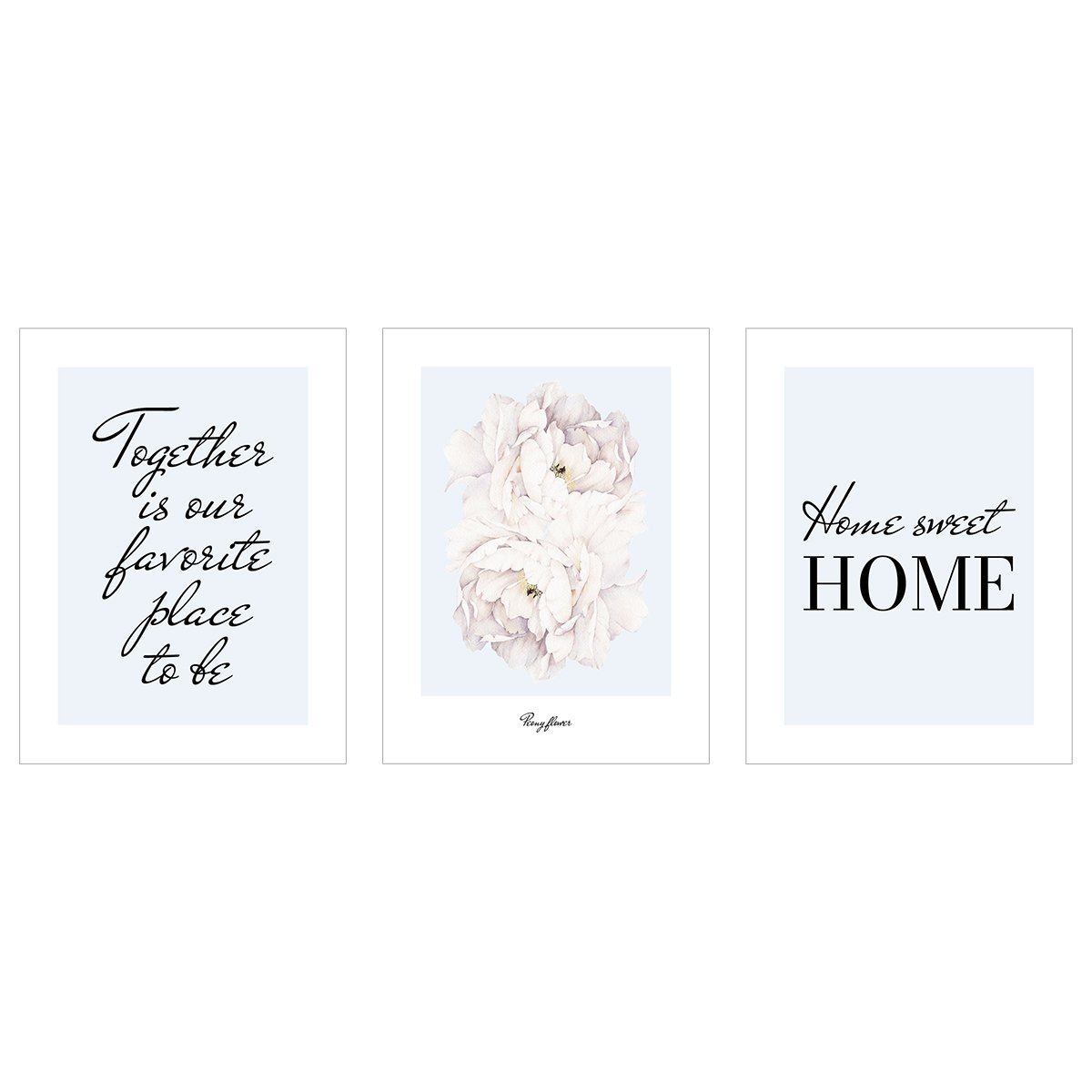 Plakaty z napisami i kwiatami piwonii - HOME SWEET HOME - zestaw trzech plakatów#kolor_niebieski