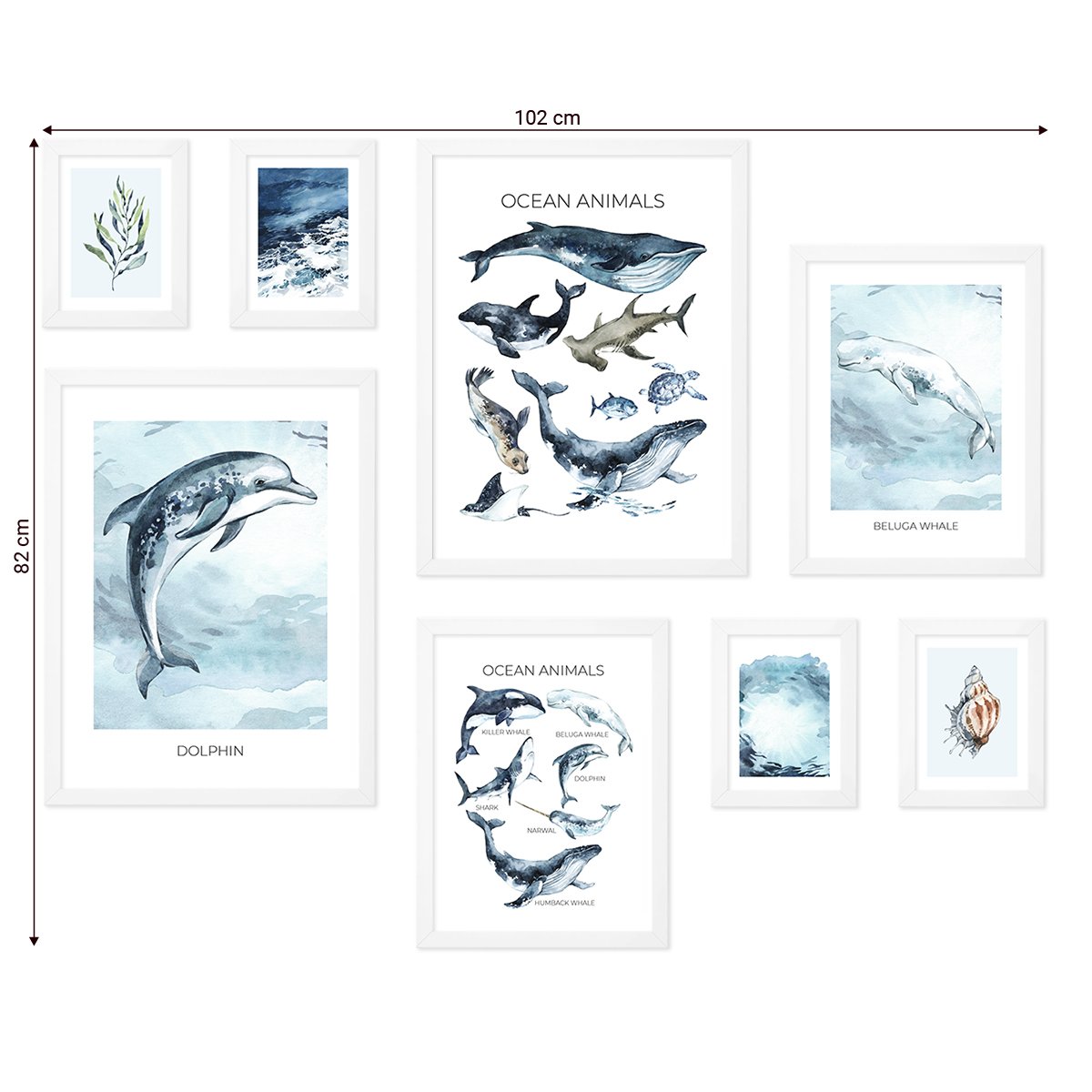 Galeria ścienna - plakaty z oceanem i wielorybami w białych ramkach do pokoju młodzieżowego#ramka_biala