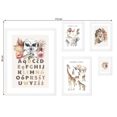 Galeria obrazów dla dzieci - plakaty z alfabetem i zwierzętami Afryki z białymi ramkami#ramka_biala