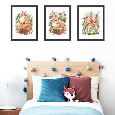 Plakaty ze zwierzętami leśnymi dla dzieci - królikiem, lisem i sarenką