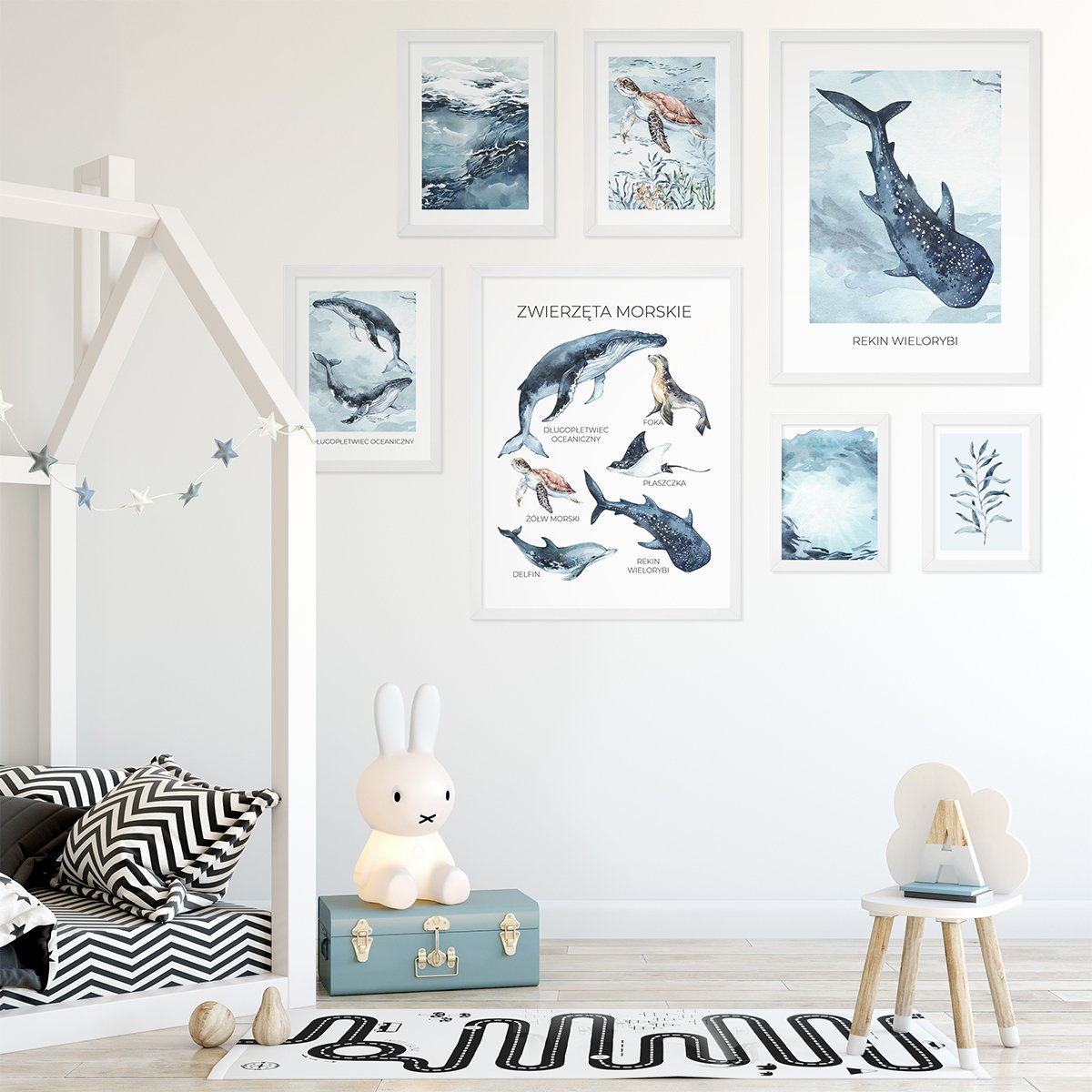 Galeria ścienna ze zwierzętami morskimi - komplet siedmiu plakatów z ramkami#ramka_biala