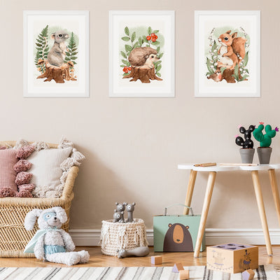 Plakaty dla dzieci zwierzęta leśne - myszka, jeż i wiewiórka