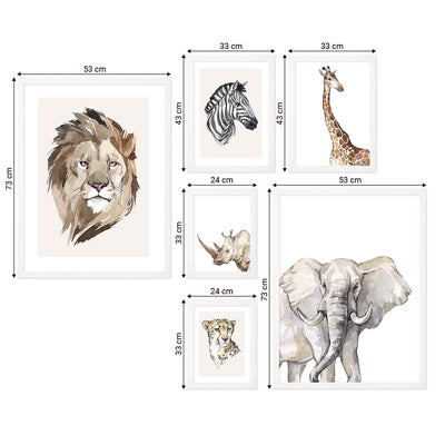 Galeria sześciu obrazów z białymi ramkami w komplecie -  plakaty zwierzęta Afryki żyrafa, słoń, lew, zebra i nosorożec#ramka_biala