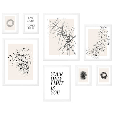 Plakaty z abstrakcyjnymi ilustracjami w czarnych i beżowych tonach z białymi ramkami do salonu#ramka_biala