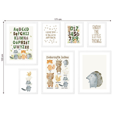 Galeria ścienna plakatów - zestaw siedmiu ilustracji ze zwierzętami i alfabetem z białymi ramkami  dla małych dzieci#ramka_biala
