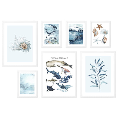 Galeria obrazów z motywem oceanu - zestaw plakatów z morzem i zwierzętami morskimi w białych ramkach do salonu#ramka_biala