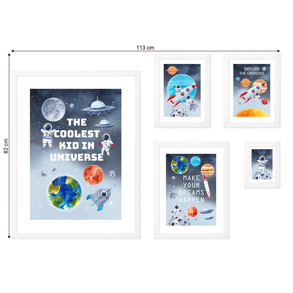 Galeria ścienna dla chłopca - zestaw pięciu plakatów z motywem kosmosu i planet z białymi ramkami#ramka_biala