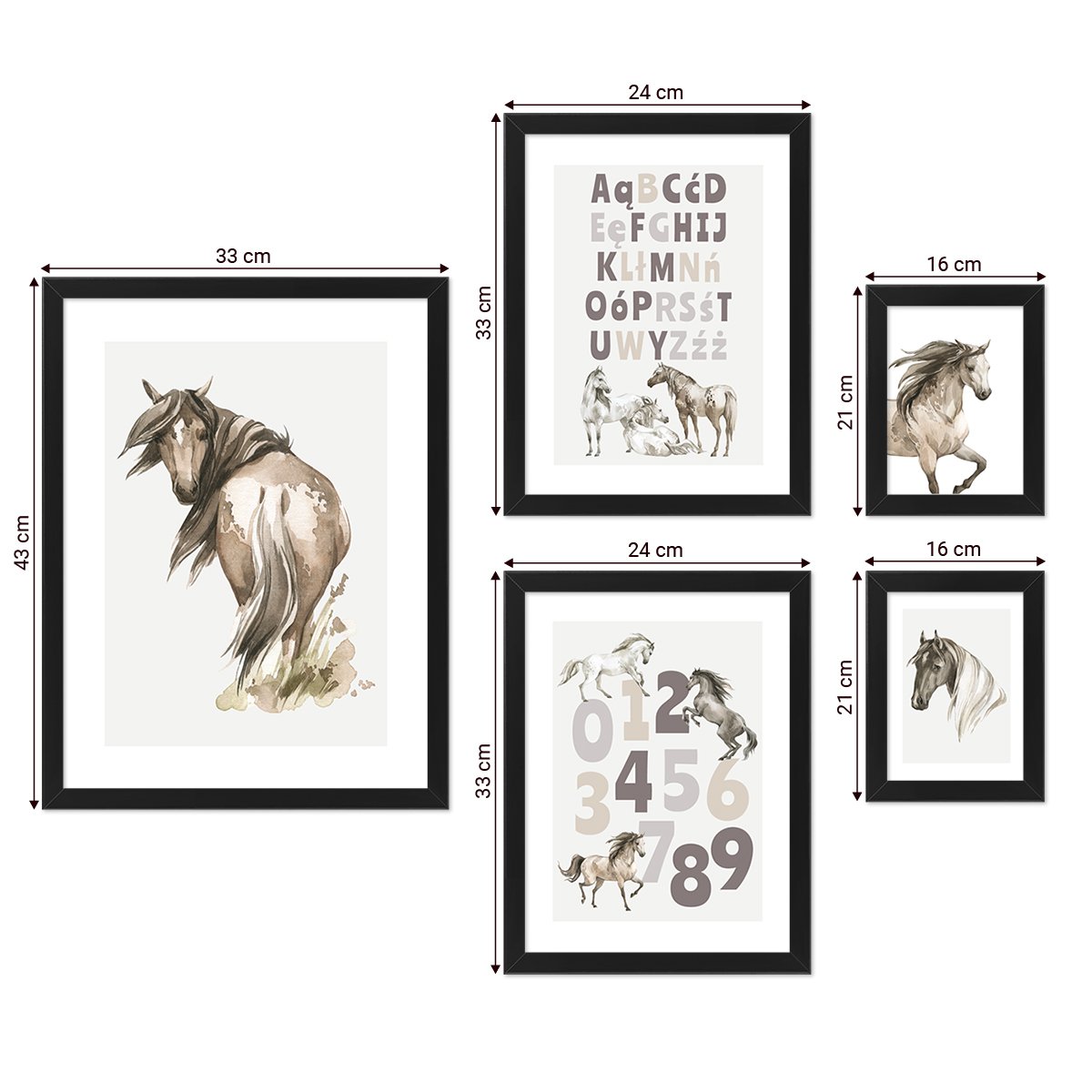 Galeria obrazów dla przedszkolaków - zestaw pięciu plakatów edukacyjnych i konie z czarnymi ramkami dla dzieci#ramka_czarna