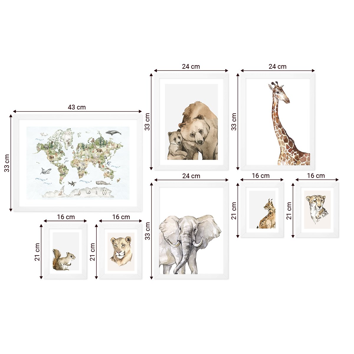 Galeria obrazów dla dzieci - zestaw ośmiu plakatów ze zwierzętami w białych ramkach#ramka_biala