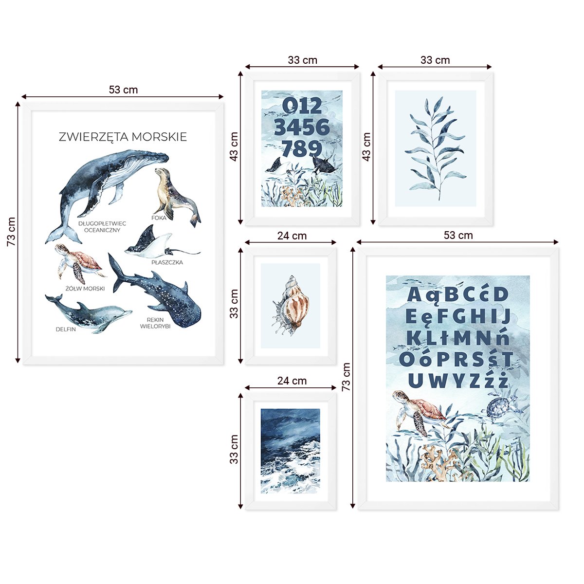 Galeria ścienna dla pierwszoklasisty - zestaw plakatów edukacyjnych z alfabetem, cyframi i zwierzętami morskimi w odcieniach błękitu w białych ramkach dla dzieci#ramka_biala