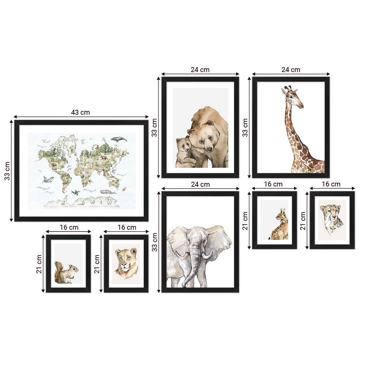 Galeria ścienna - zestaw ośmiu plakatów ze zwierzętami i mapą świata z czarnymi ramkami do pokoju dziecięcego#ramka_czarna