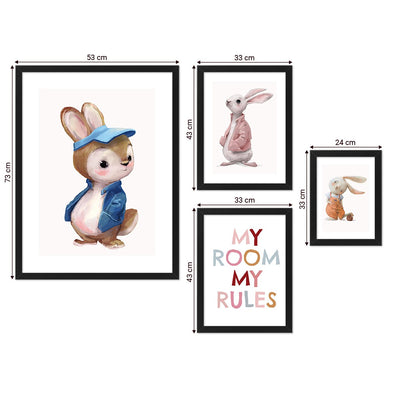 Galeria ścienna do pokoju dziecięcego - zestaw pięciu plakatów z królikami w chłopięcym stylu#ramka_czarna