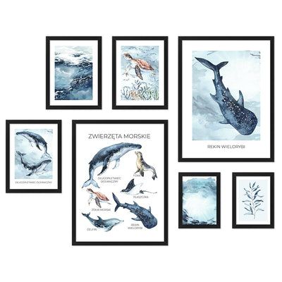 Galeria obrazów do pokoju młodzieżowego z czarnymi ramkami - zestaw siedmiu plakatów z oceanem i zwierzętami morskimi malowane akwarelą#ramka_czarna